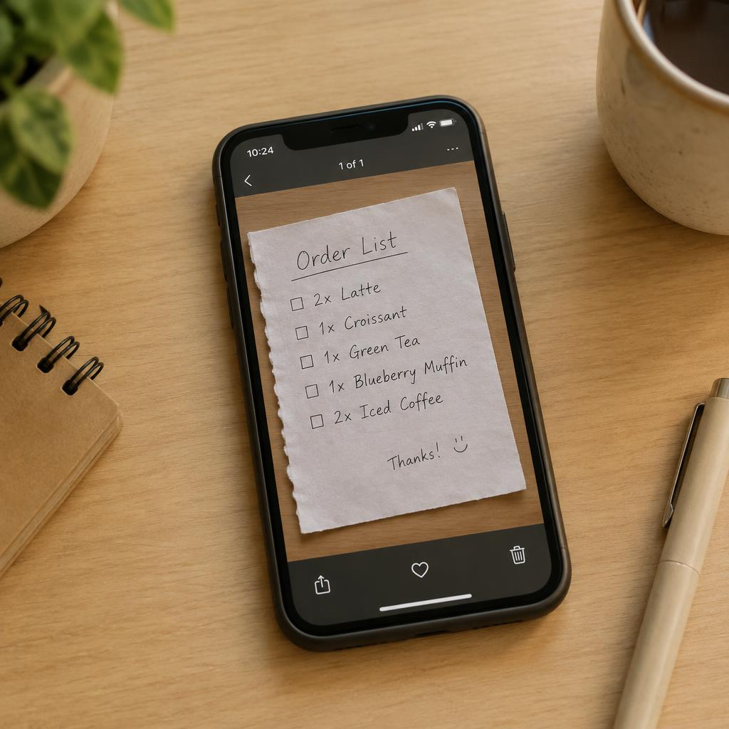 Handwritten order slip on phone
